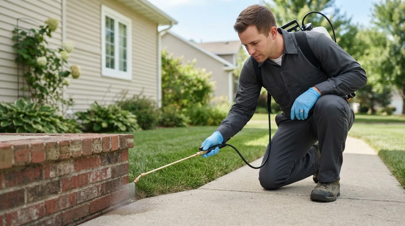 Pest control technician treating a home near Strasburg, CO